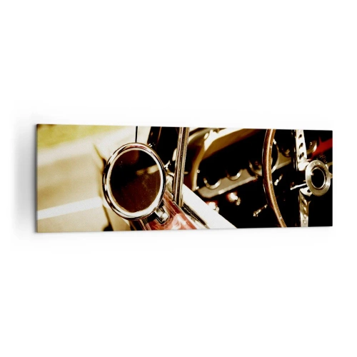Obraz na płótnie - Zbliżenie na lusterko i wnętrze klasycznego samochodu retro - 160x50cm - Auto z duszą - Nowoczesna dekoracja ścienna do salonu i sypialni ARTTOR