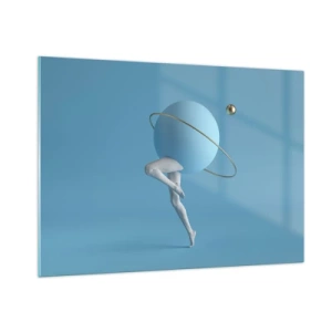Obraz na szkle - Minimalistyczna kompozycja planety z ludzkimi nogami na błękicie - 100x70cm - A planety szaleją - Nowoczesna dekoracja ścienna do salonu, kuchni i sypialni ARTTOR