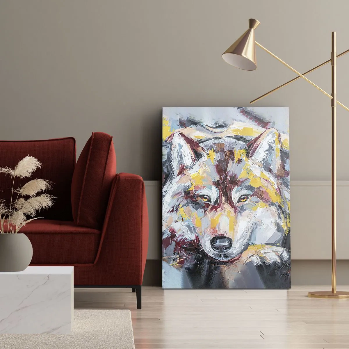 Obraz na płótnie - Kolorowy portret wilka w stylu abstrakcyjnego malarstwa - 50x70cm - Spokój wśród bliskich - Nowoczesna dekoracja ścienna do salonu, kuchni i sypialni ARTTOR