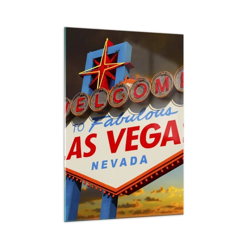 Obraz na szkle - Słynny znak Welcome to Fabulous Las Vegas o zachodzie słońca - 70x100cm - Po uśmiech losu - Nowoczesna dekoracja ścienna do salonu i sypialni ARTTOR