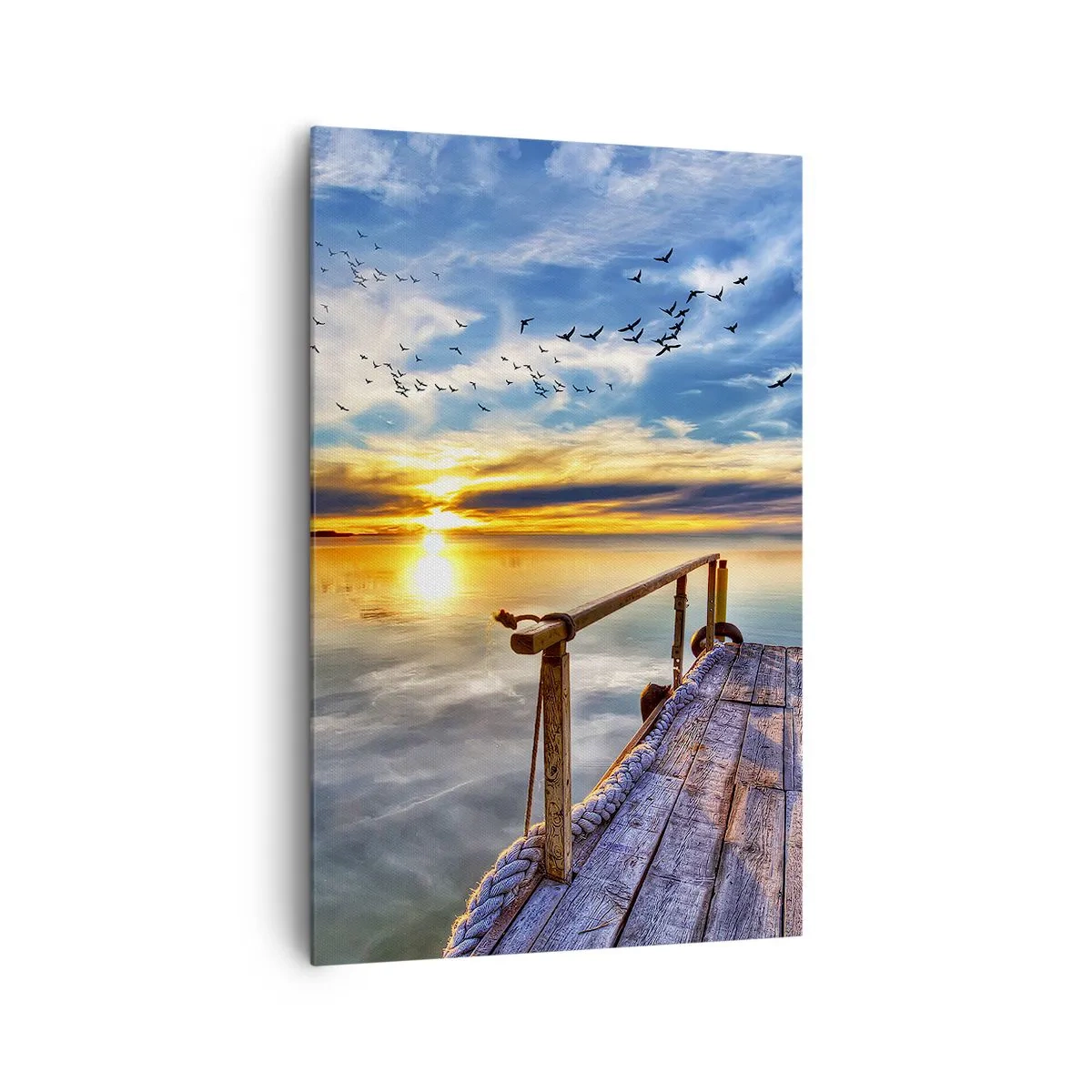 Obraz na płótnie - Drewniany pomost nad jeziorem o zachodzie słońca - 80x120cm - Wiatr idzie na spoczynek - Nowoczesna dekoracja ścienna do salonu i sypialni ARTTOR