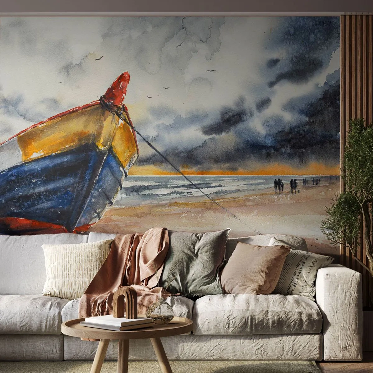 Fototapeta Premium Sand - Malownicza łódź na plaży przy burzowym niebie o zachodzie - 100x70cm - Odpoczynek na brzegu - Nowoczesna dekoracja ścienna do salonu, kuchni i sypialni ARTTOR