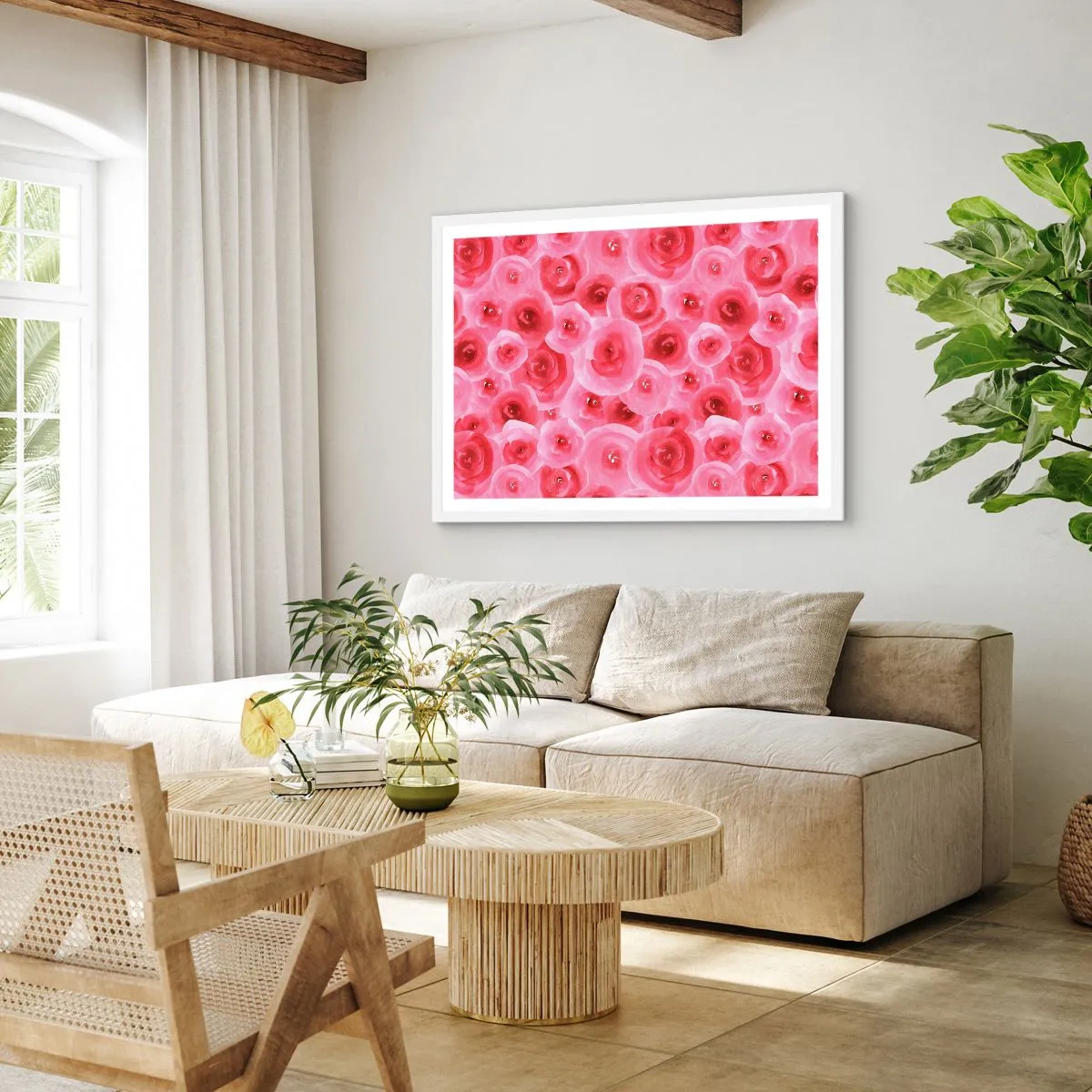 Plakat w białej ramie - Róże na dole i na górze - 40x30 cm