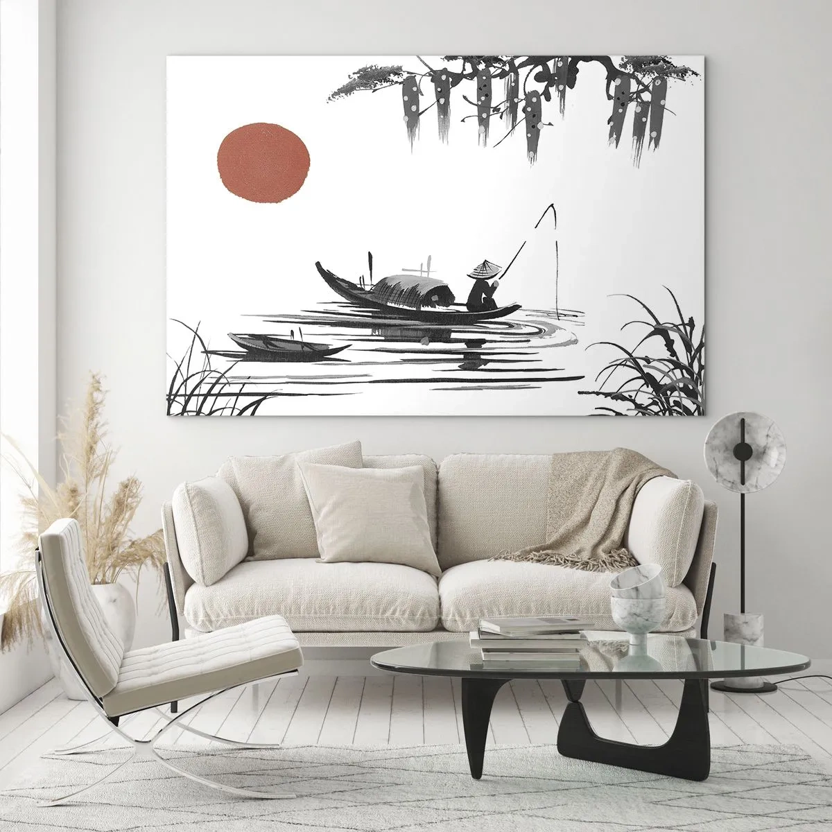 Obraz na szkle - Tradycyjna łódź rybacka na rzece z czerwonym słońcem - 70x50cm - Azjatyckie popołudnie - Nowoczesna dekoracja ścienna do salonu i sypialni ARTTOR