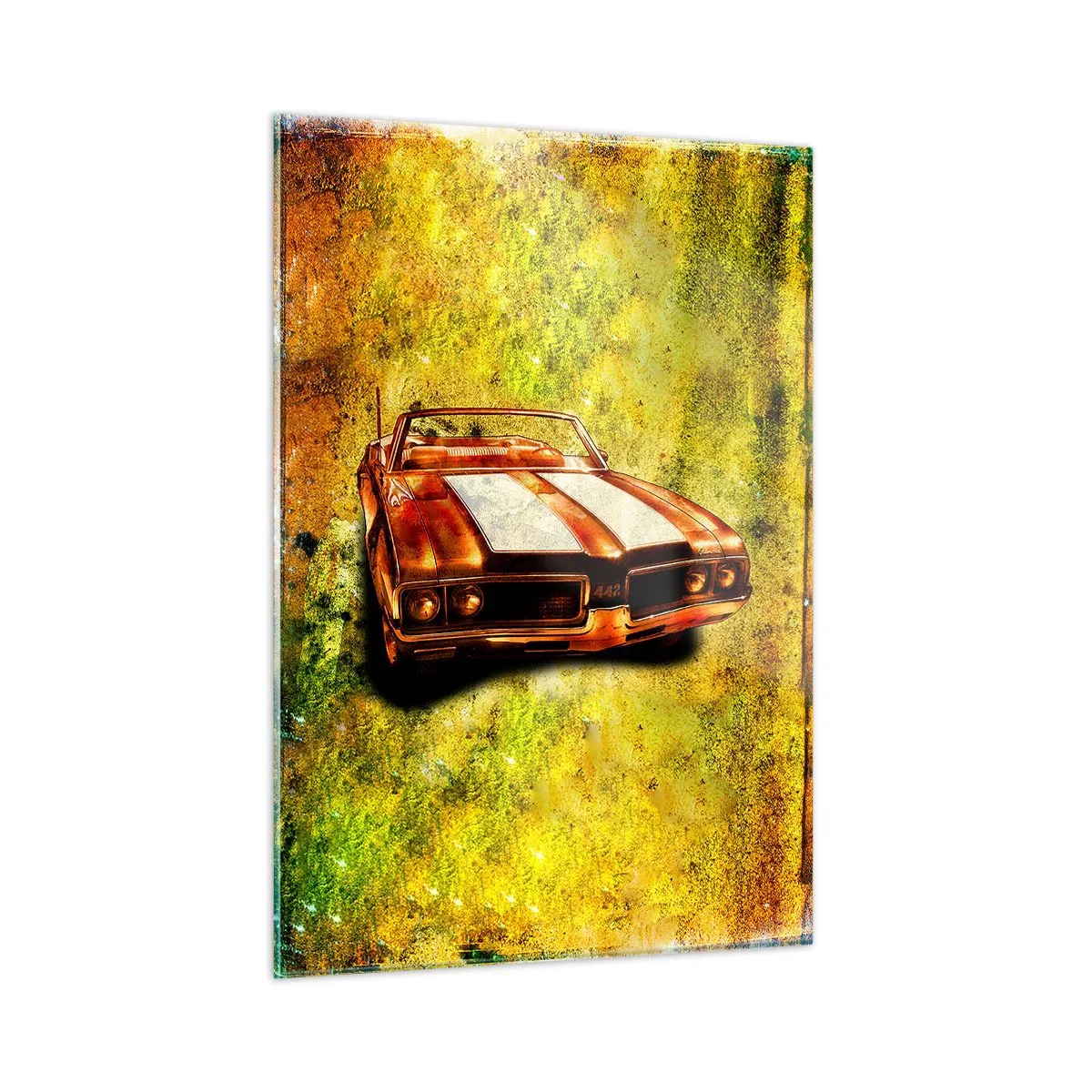 Obraz na szkle - Sportowy kabriolet w stylu vintage na artystycznym tle - 50x70cm - Moc zaklęta w kształtach - Nowoczesna dekoracja ścienna do salonu, kuchni i sypialni ARTTOR