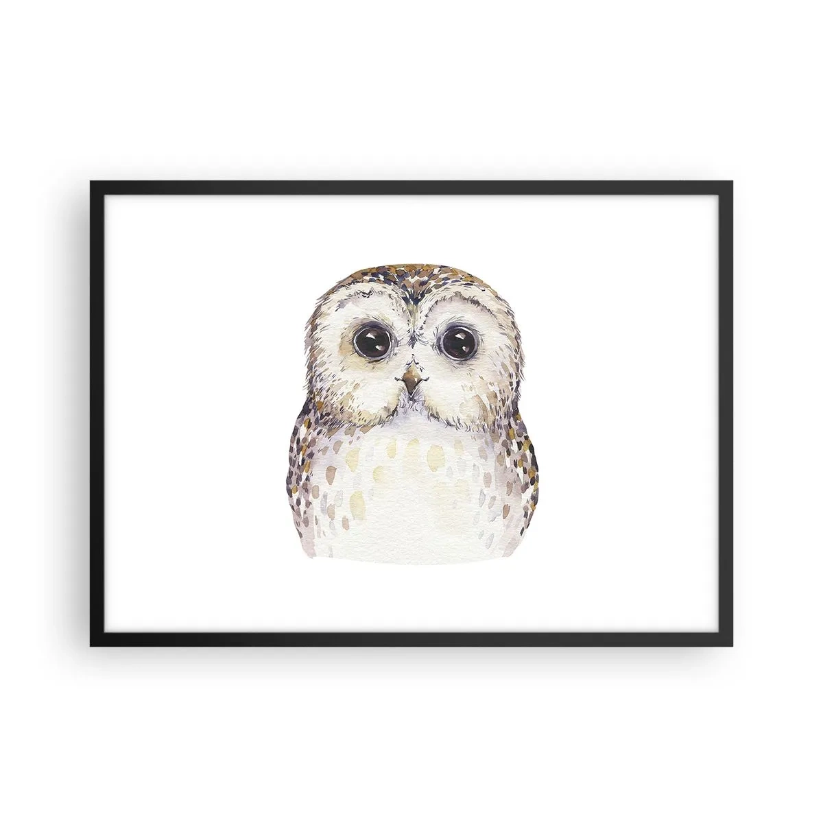 Plakat w czarnej ramie - Portret sowy na jasnym tle z delikatnymi kolorami - 70x50cm - Spójrz mi w oczy - Nowoczesna dekoracja ścienna do salonu i sypialni ARTTOR