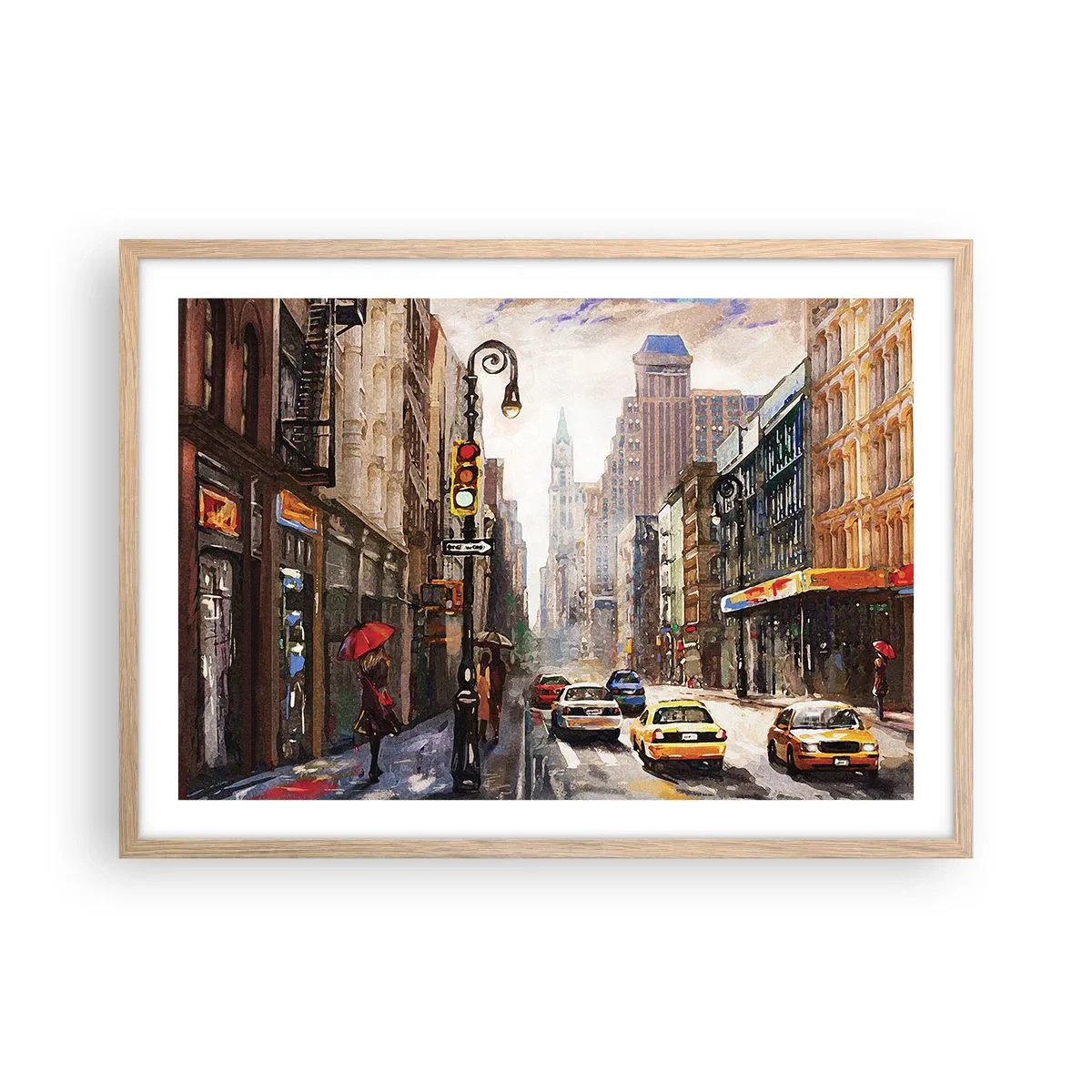 Plakat w ramie jasny dąb - Nowy Jork – w deszczu tez kolorowy - 70x50 cm