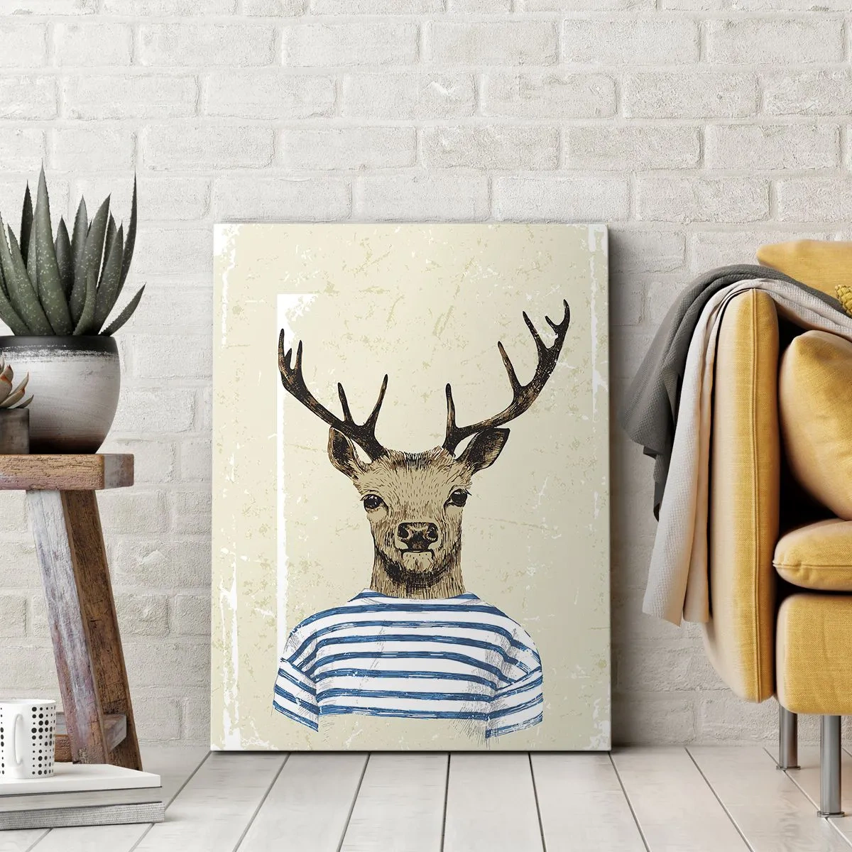 Obraz na płótnie - Ilustracja jelenia ubranego w koszulkę w niebieskie paski na jasnym tle - 50x70cm - Bo lubię koszulki w paski! - Nowoczesna dekoracja ścienna do salonu, kuchni i sypialni ARTTOR