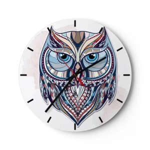 Zegar ścienny - Kolorowa sowa w geometrycznym stylu na białym tle - 30x30cm - Kunsztowna sowa ornamentowa - Nowoczesna dekoracja ścienna do salonu, kuchni i sypialni ARTTOR