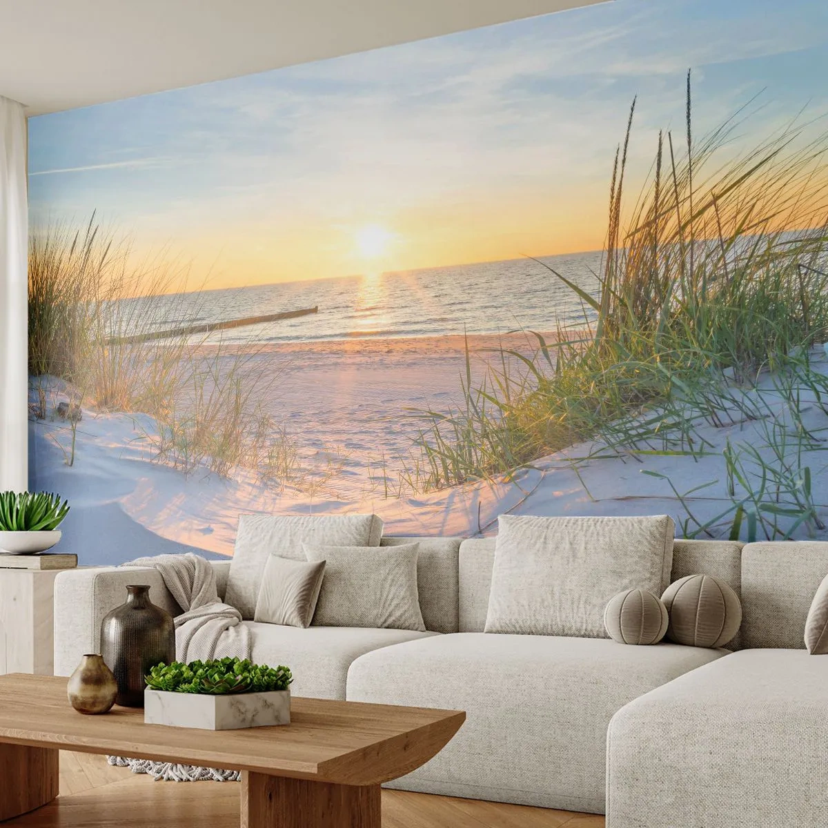 Fototapeta Premium Sand - Zachód słońca nad piaszczystą plażą z wydmami - 100x70cm - Morza szum, ptaków śpiew, dzika plaża pośród traw… - Nowoczesna dekoracja ścienna do salonu, kuchni i sypialni ARTTOR