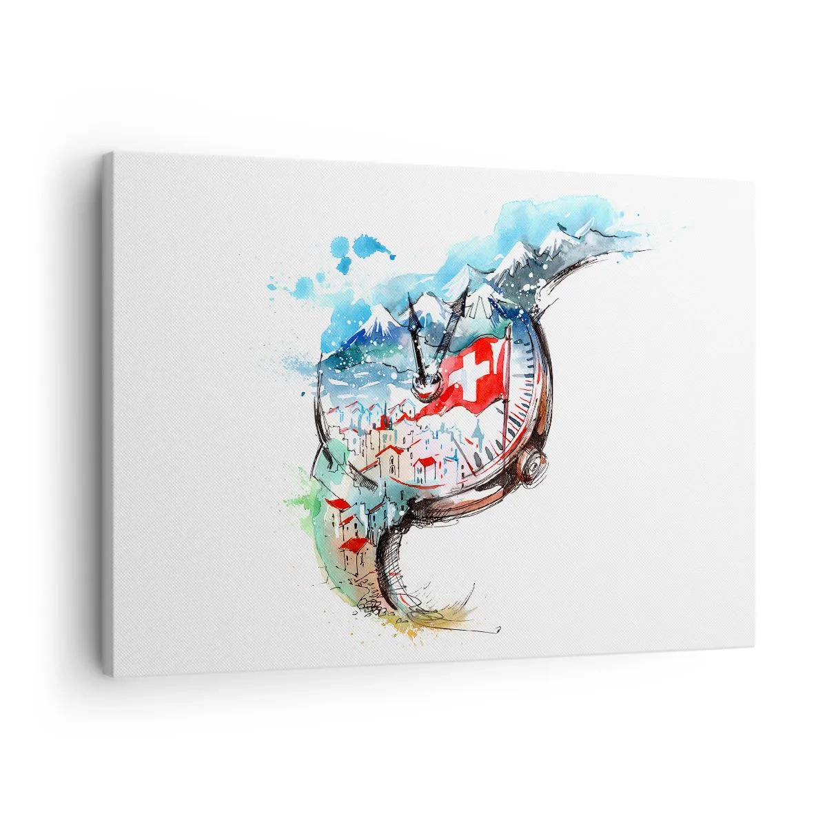 Obraz na płótnie - Akwarelowy krajobraz Szwajcarii w zegarku - 70x50cm - Duch Szwajcarii - Nowoczesna dekoracja ścienna do salonu i sypialni ARTTOR