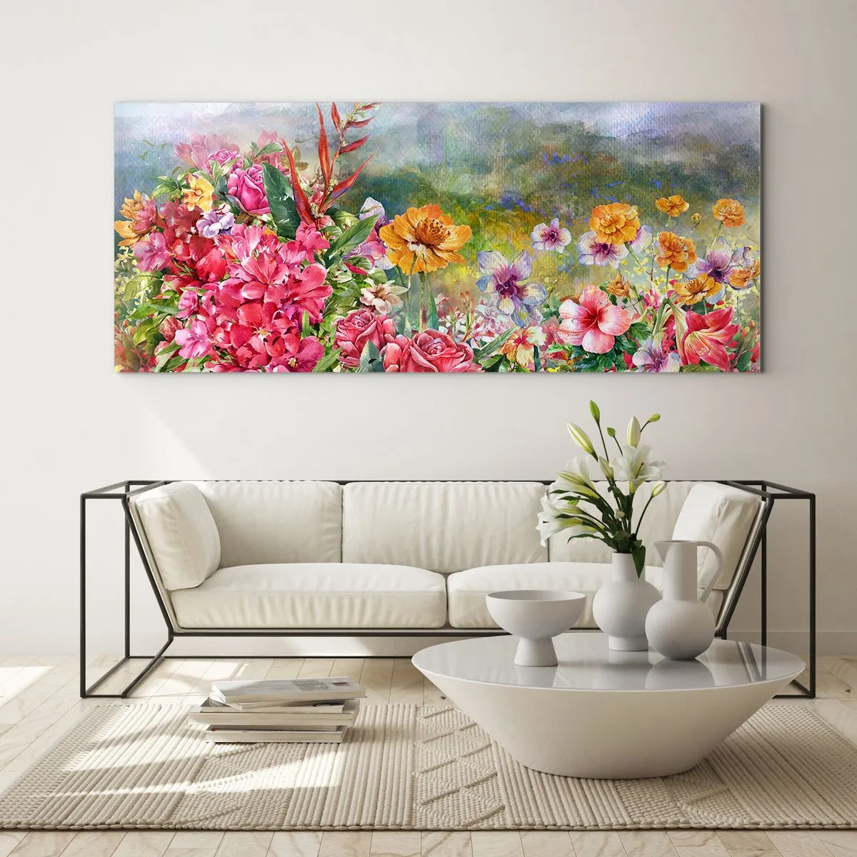 Obraz na szkle - Barwna kompozycja kwiatów na tle pejzażu w pastelowych kolorach - 160x50cm - Ogród, który oszalał - Nowoczesna dekoracja ścienna do salonu i sypialni ARTTOR