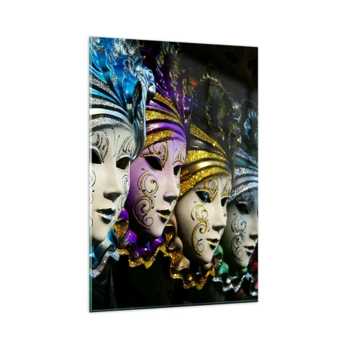 Obraz na szkle - Maski weneckie w różnych kolorach z ozdobnymi wzorami - 80x120cm - Tajemnica w złocie i w srebrze - Nowoczesna dekoracja ścienna do salonu i sypialni ARTTOR