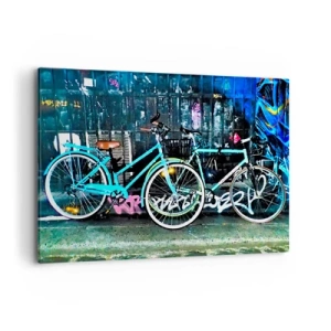 Obraz na płótnie - Dwa turkusowe rowery na tle graffiti w miejskim stylu - 100x70cm - Miasto woła - Nowoczesna dekoracja ścienna do salonu, kuchni i sypialni ARTTOR