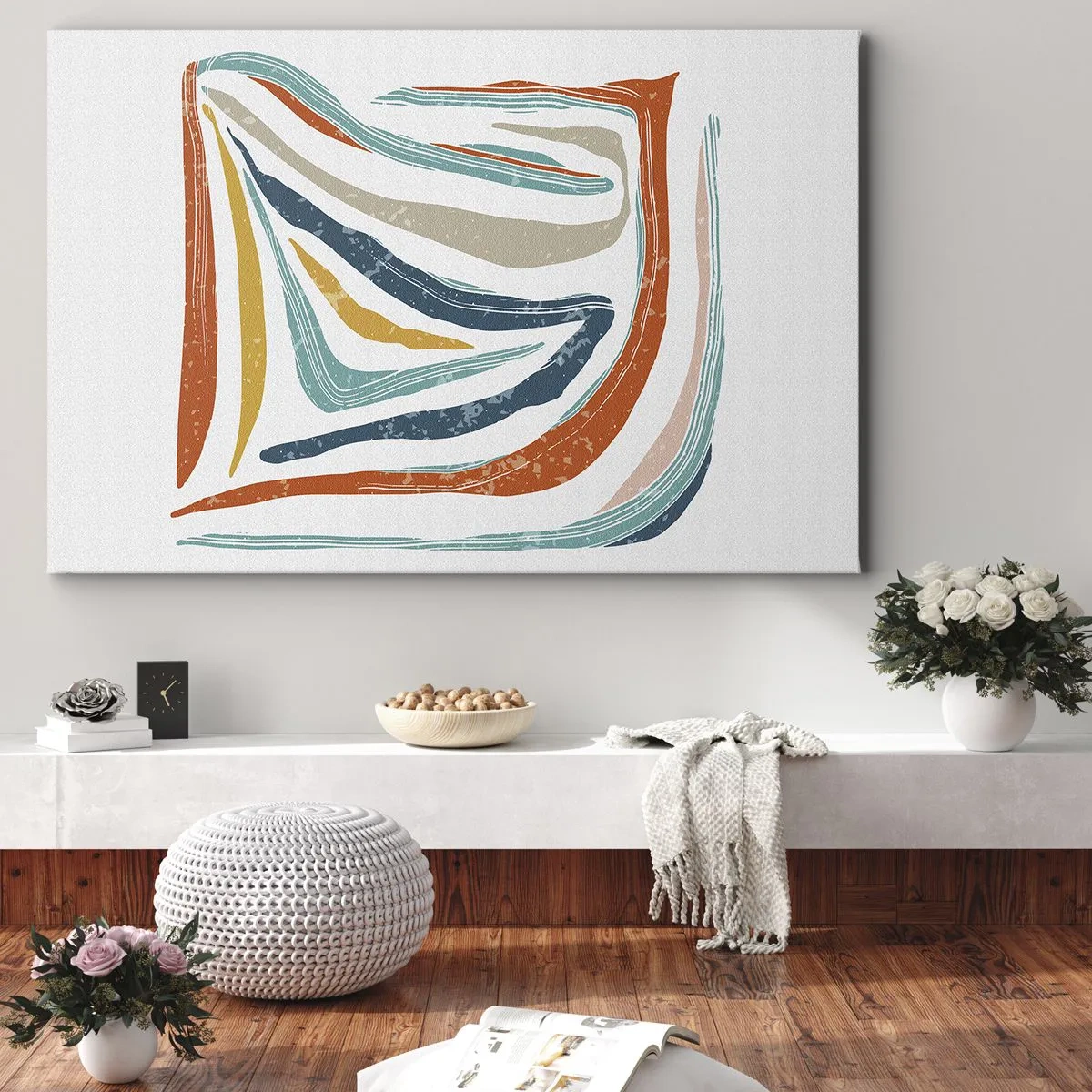 Obraz na płótnie - Kolorowe, dynamiczne linie w odcieniach błękitu, pomarańczu i beżu - 70x50cm - Abstrakcja przyjaźnie uśmiechnięta - Nowoczesna dekoracja ścienna do salonu i sypialni ARTTOR
