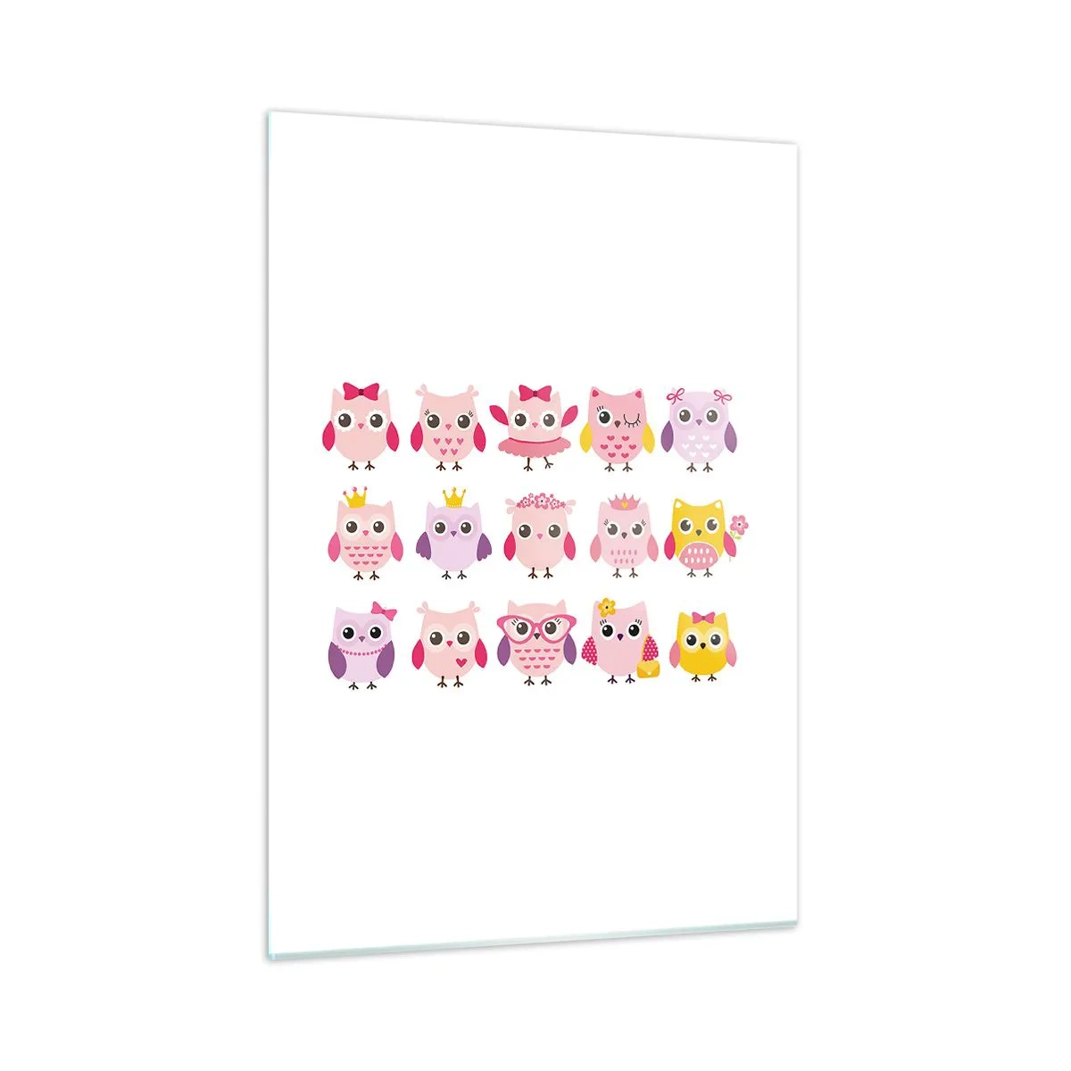 Obraz na szkle - Kolorowe sowy w różnych wzorach na białym tle - 50x70cm - Jedna słodsza od drugiej - Nowoczesna dekoracja ścienna do salonu, kuchni i sypialni ARTTOR
