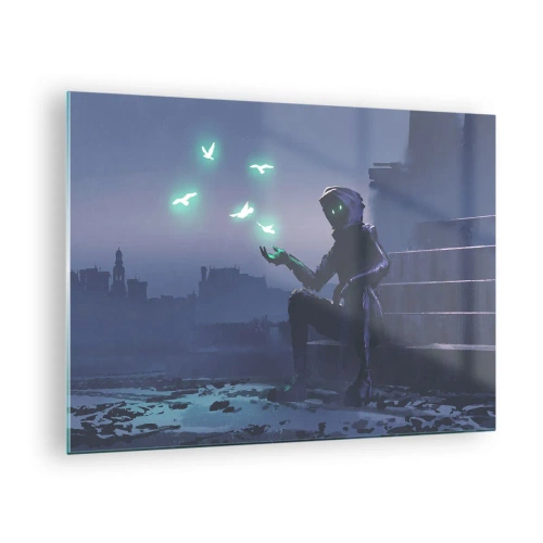 Obraz na szkle - Postać w ciemności otoczona unoszącymi się zielonymi ptakami - 70x50cm - Życie powróci - Nowoczesna dekoracja ścienna do salonu i sypialni ARTTOR