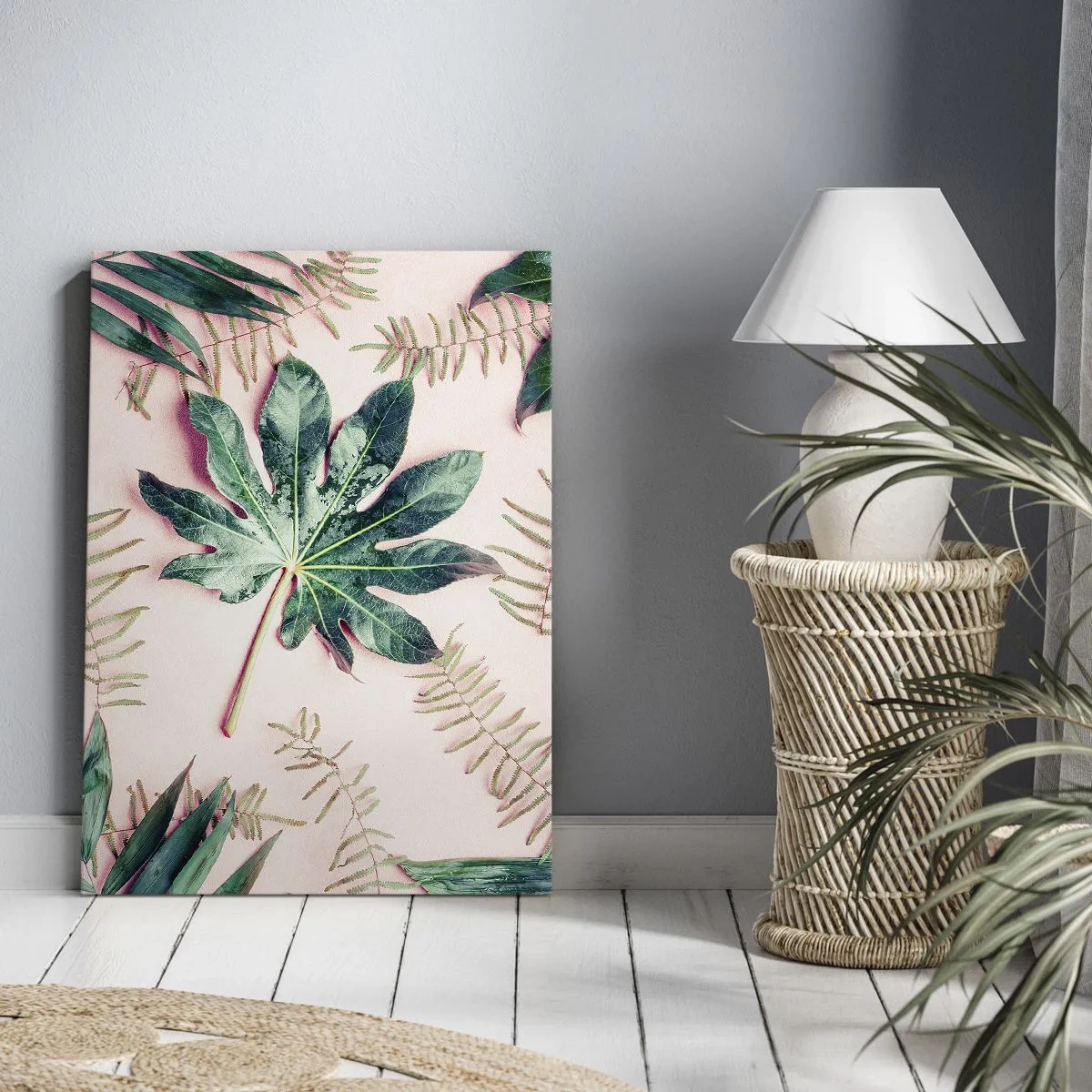 Obraz na płótnie - Tropikalne liście na jasnym pastelowym tle - 70x100cm - Studium zieleni na różowym tle - Nowoczesna dekoracja ścienna do salonu i sypialni ARTTOR