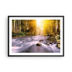 Plakat w czarnej ramie - Leśny strumień oświetlony promieniami słońca - 70x50cm - Malachit w srebrno-złotej oprawie - Nowoczesna dekoracja ścienna do salonu i sypialni ARTTOR
