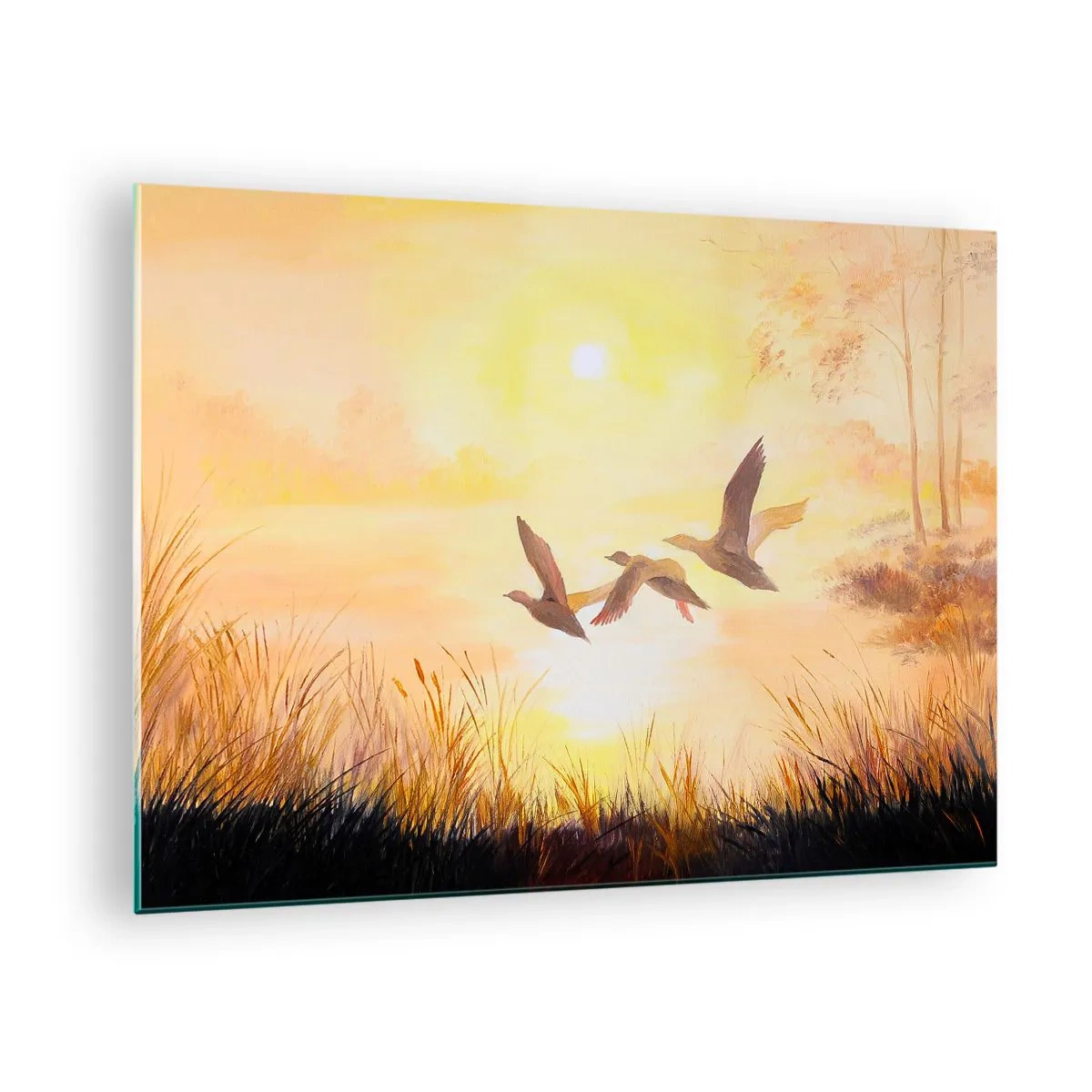 Obraz na szkle - Trzy kaczki w locie nad jeziorem o wschodzie słońca - 70x50cm - Początek dalekiej podróży - Nowoczesna dekoracja ścienna do salonu i sypialni ARTTOR