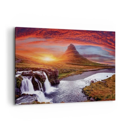 Obraz na płótnie - Górska sceneria z wodospadem o zachodzie słońca - 120x80cm - Widok Śródziemia - Nowoczesna dekoracja ścienna do salonu, kuchni i sypialni ARTTOR