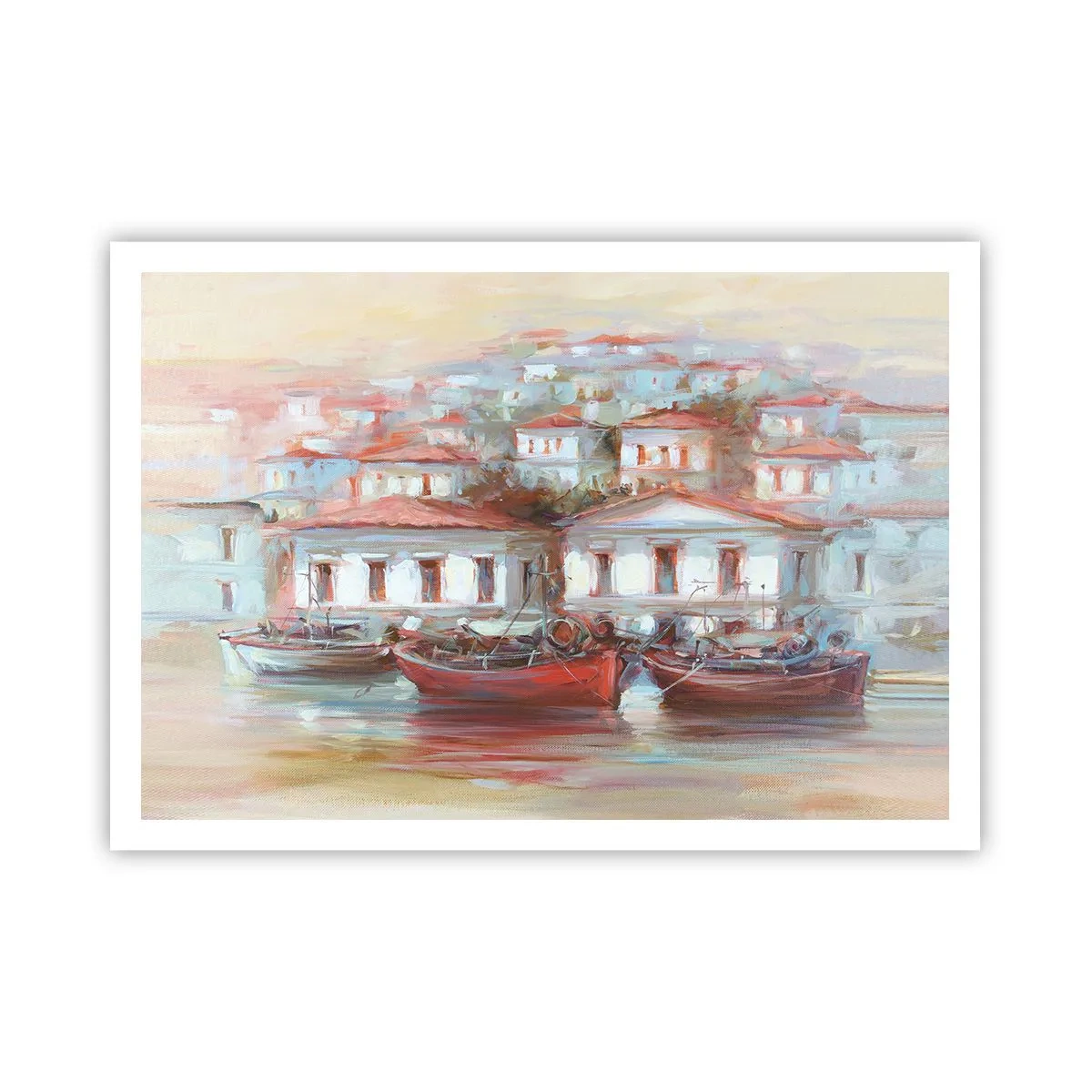 Plakat - Kolorowe łodzie i malownicze budynki nad wodą w pastelowych barwach - 100x70cm - Szczęśliwe miasteczko - Nowoczesna dekoracja ścienna do salonu i sypialni ARTTOR