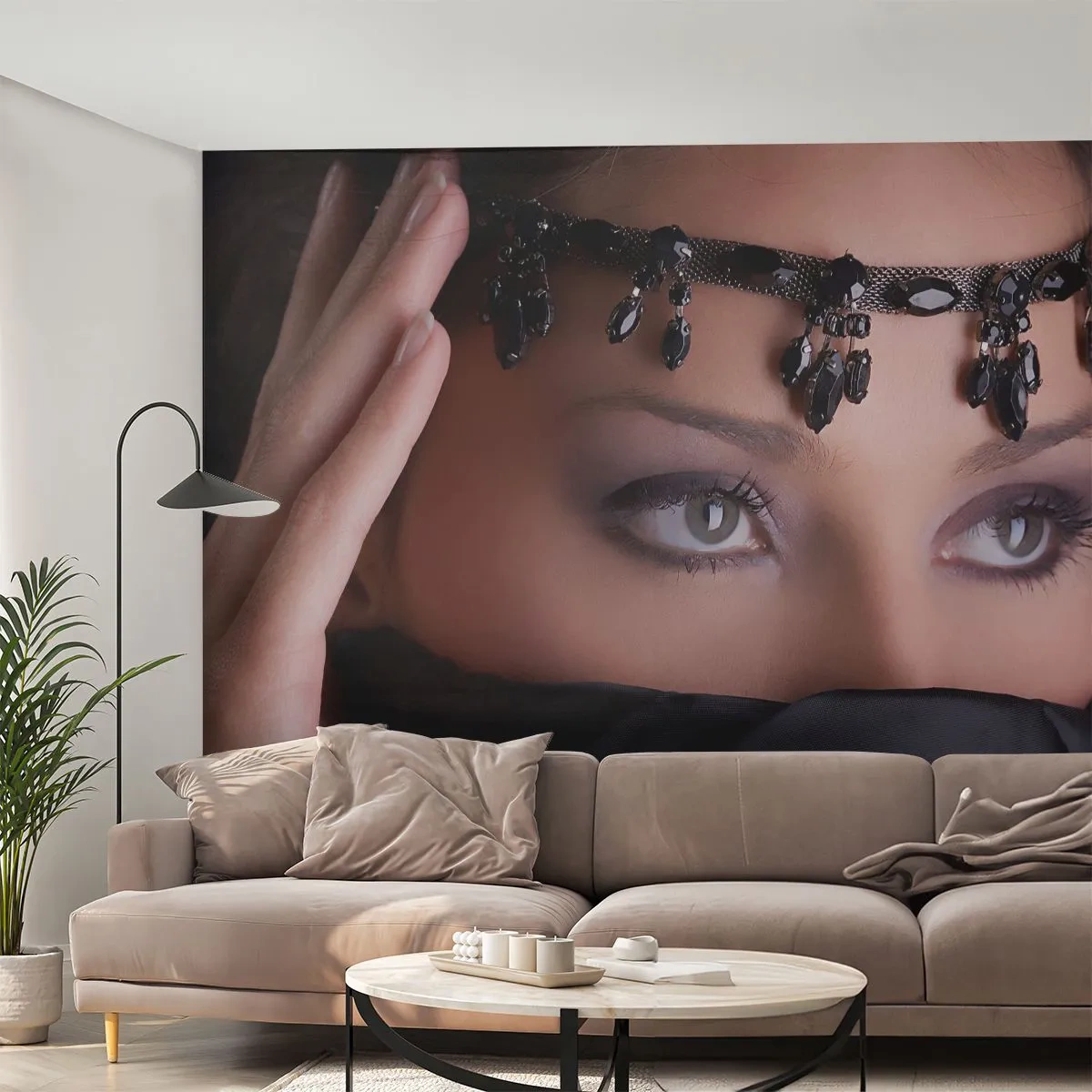 Fototapeta Standard Eco - Kobieta w czarnym welonie z ozdobną biżuterią na czole - 100x70cm - Orientalna kusząca tajemnica - Nowoczesna dekoracja ścienna do salonu i sypialni ARTTOR