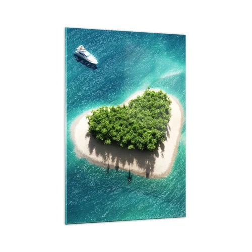 Obraz na szkle - Romantyczna wyspa w kształcie serca na turkusowym morzu - 70x100cm - Kocham lato - Nowoczesna dekoracja ścienna do salonu i sypialni ARTTOR