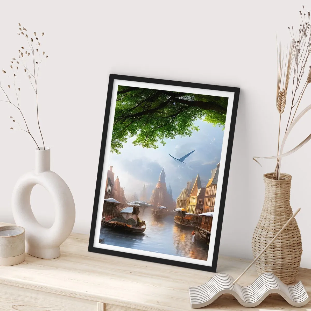 Plakat w czarnej ramie - Malowniczy widok na kanał z historyczną architekturą - 50x70cm - Niderlandzki pejzaż miejski - Nowoczesna dekoracja ścienna do salonu i sypialni ARTTOR