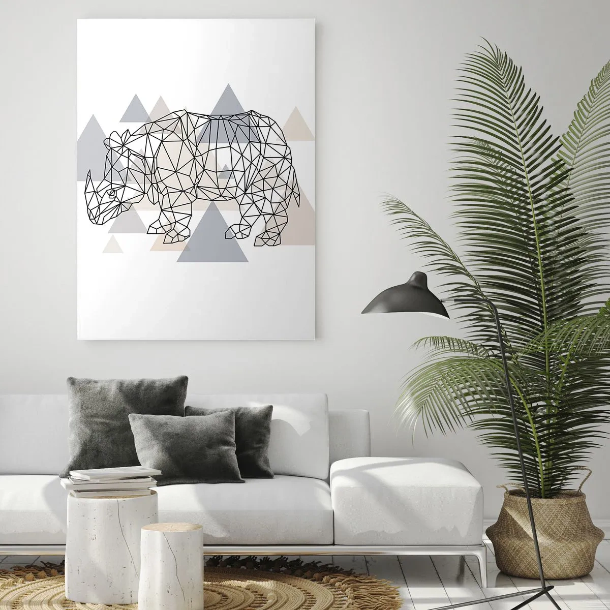 Obraz na szkle - Geometryczny nosorożec na tle delikatnych trójkątów - 70x100cm - Struktura siły - Nowoczesna dekoracja ścienna do salonu i sypialni ARTTOR