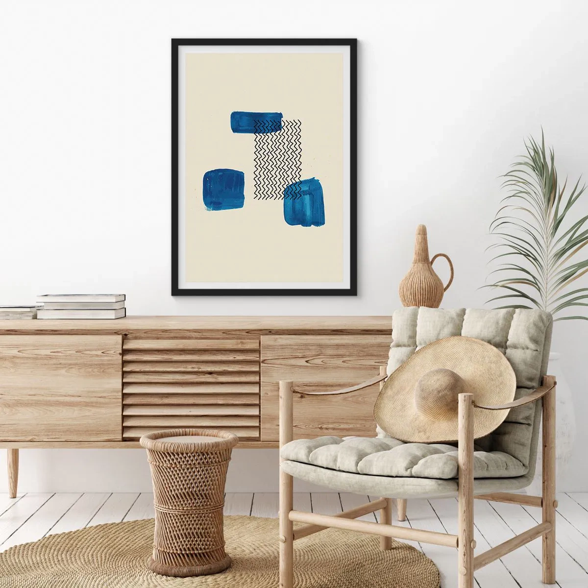 Plakat w czarnej ramie - Abstrakcyjna kompozycja w odcieniach granatu z liniami - 50x70cm - Abstrakcyjny kwartet - Nowoczesna dekoracja ścienna do salonu i sypialni ARTTOR