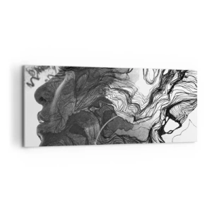 Obraz na płótnie - Abstrakcyjna twarz w czerni i bieli z dynamicznymi liniami - 120x50cm - Zaplątana w marzeniach - Nowoczesna dekoracja ścienna do salonu i sypialni ARTTOR