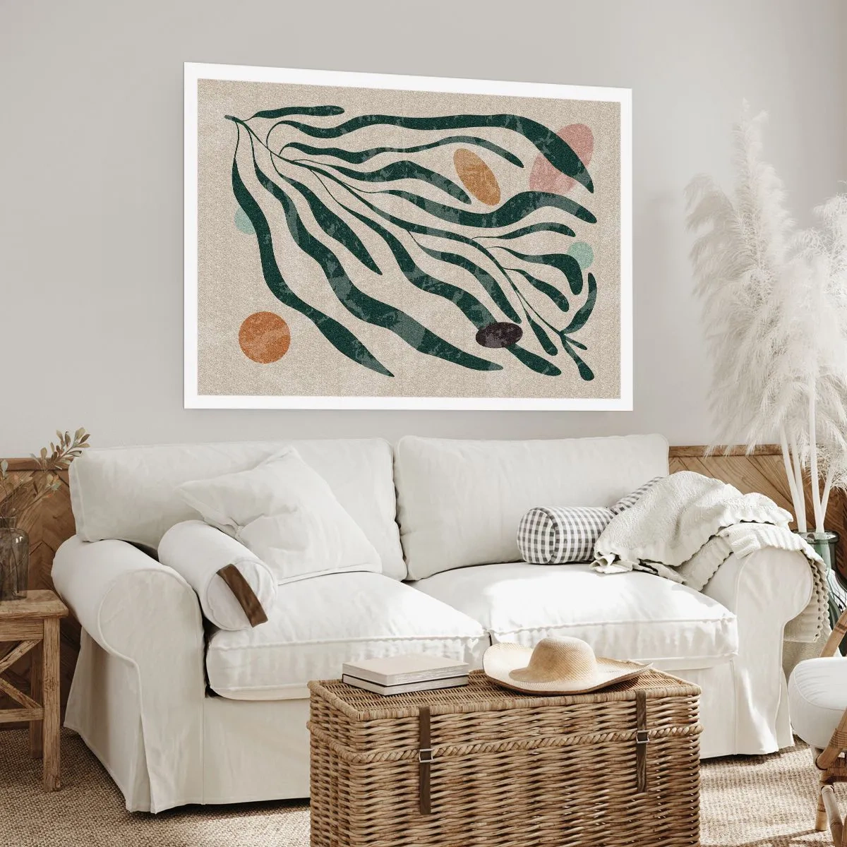 Plakat - Organiczne linie i kształty w zieleni i beżu - 100x70cm - Pośród zieleni - Nowoczesna dekoracja ścienna do salonu i sypialni ARTTOR