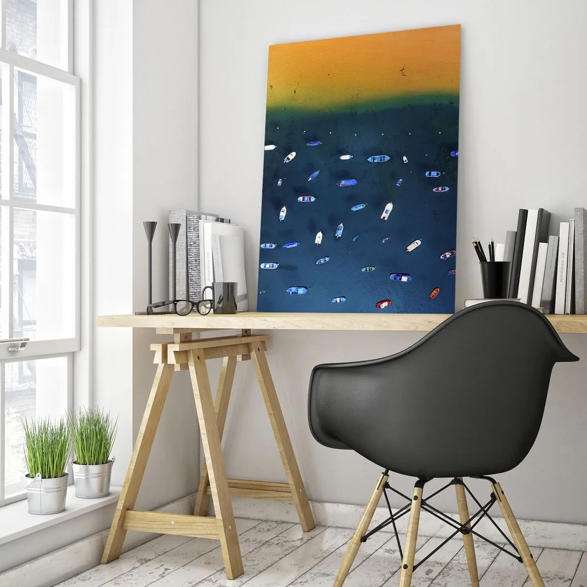 Obraz na szkle - Łodzie na tle turkusowej wody i złotego brzegu - 50x70cm - Wakacyjna gra - Nowoczesna dekoracja ścienna do salonu, kuchni i sypialni ARTTOR