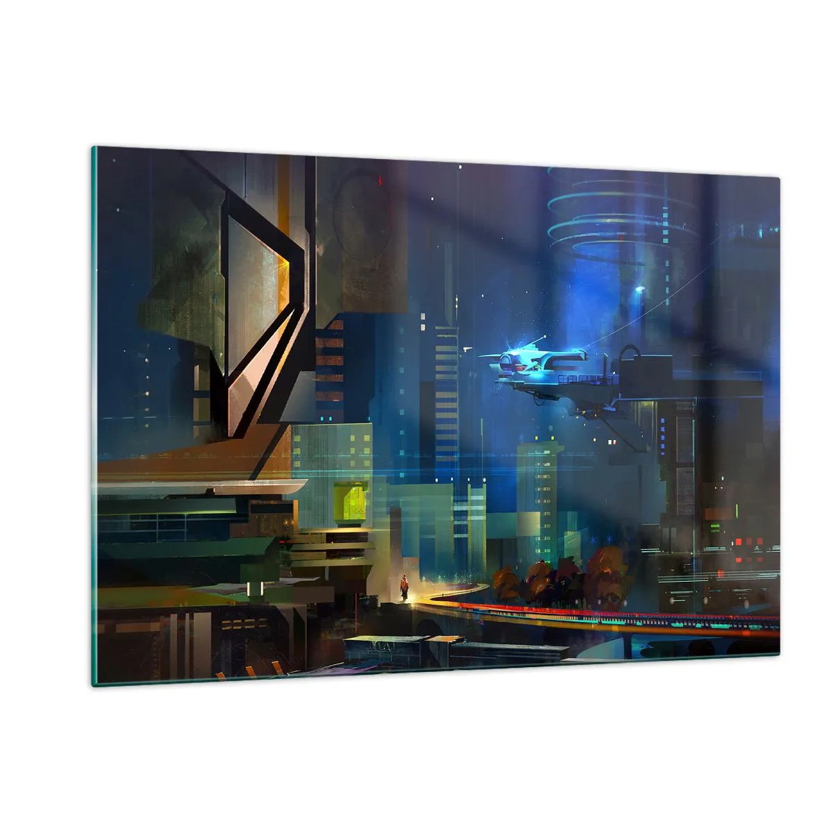 Obraz na szkle - Futurystyczne miasto nocą z neonowymi światłami i latającym pojazdem - 120x80cm - W niedalekiej przyszłości - Nowoczesna dekoracja ścienna do salonu, kuchni i sypialni ARTTOR