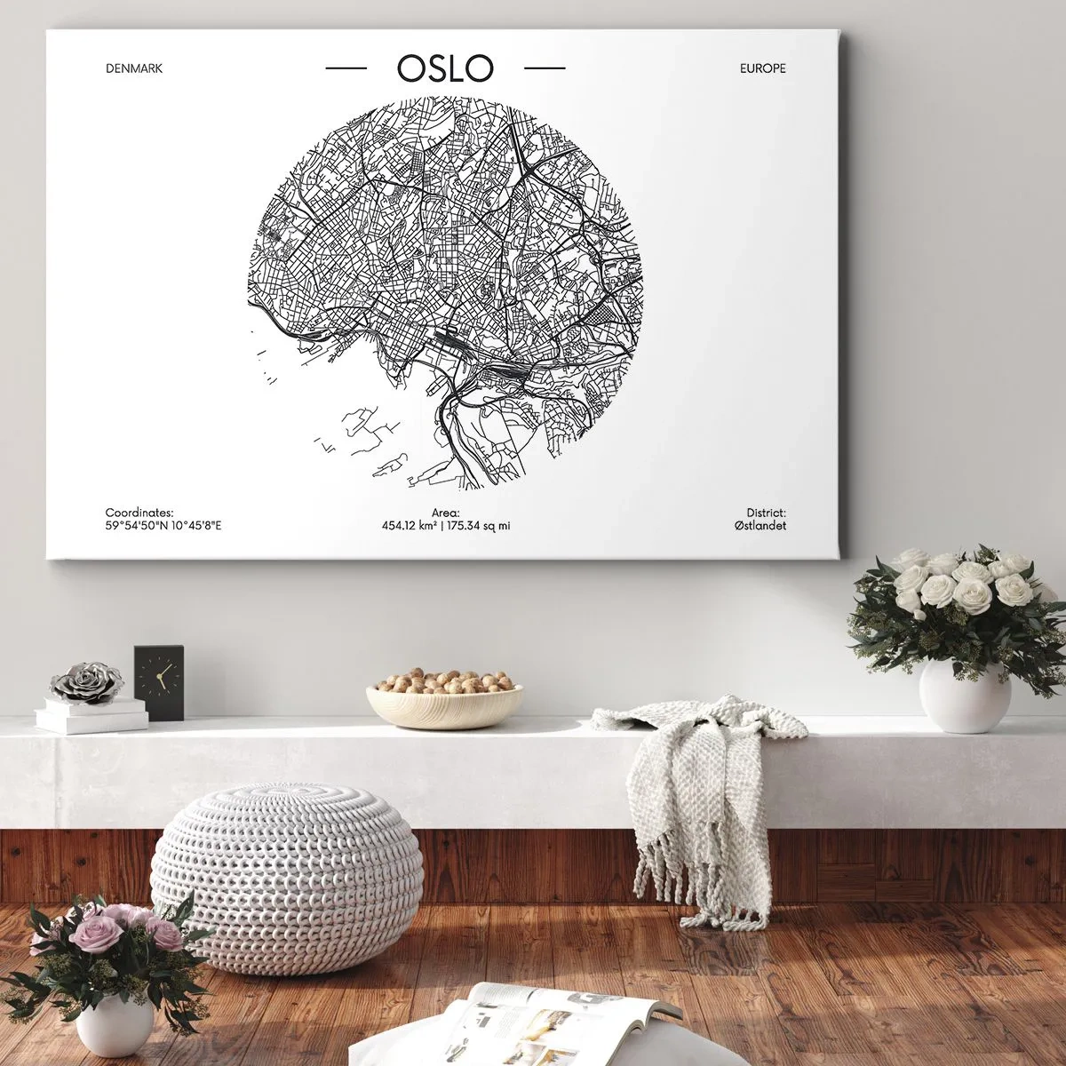 Obraz na płótnie - Mapa Oslo w minimalistycznym, czarno-białym stylu - 70x50cm - Anatomia Oslo - Nowoczesna dekoracja ścienna do salonu i sypialni ARTTOR