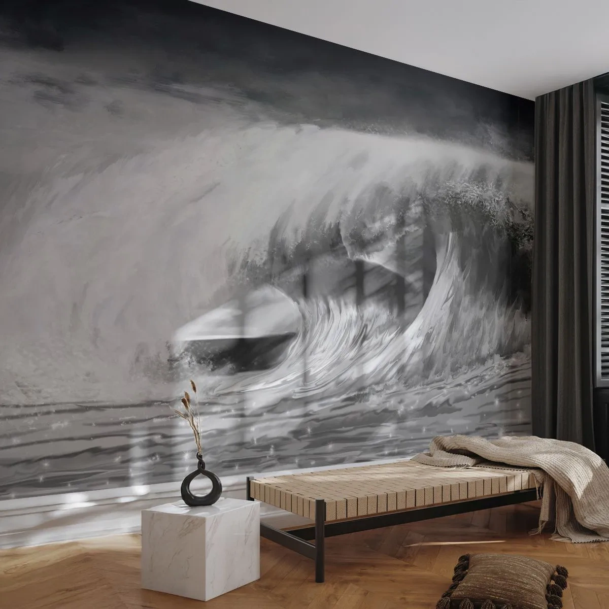 Fototapeta Premium Sand - Monochromatyczna fala morska w dynamicznym ujęciu - 100x70cm - Gniew oceanu - Nowoczesna dekoracja ścienna do salonu, kuchni i sypialni ARTTOR