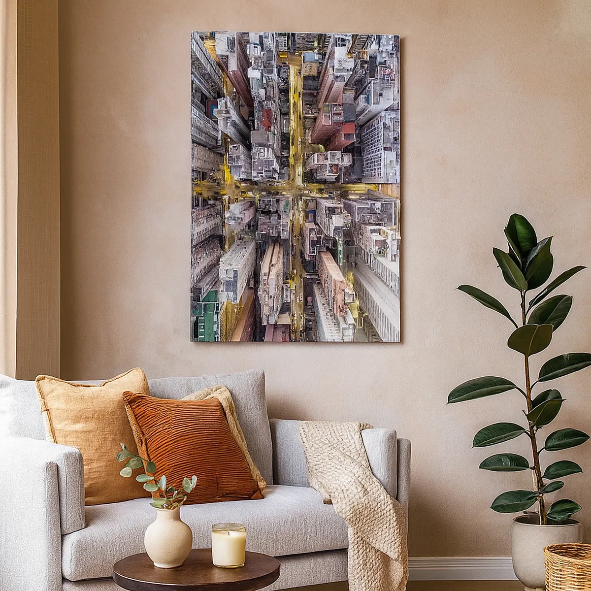 Obraz na płótnie - Widok z lotu ptaka na nowoczesne miasto nocą - 50x70cm - Pozdrowienia z Hongkongu - Nowoczesna dekoracja ścienna do salonu, kuchni i sypialni ARTTOR