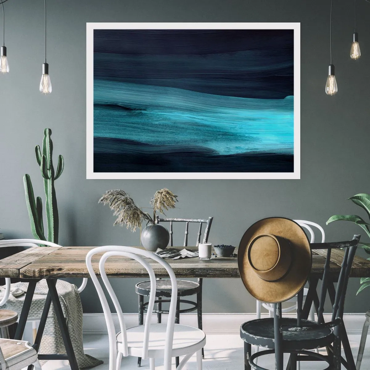 Plakat - Subtelne abstrakcyjne fale w ciemnych odcieniach błękitu - 100x70cm - Popłyń z nurtem - Nowoczesna dekoracja ścienna do salonu i sypialni ARTTOR