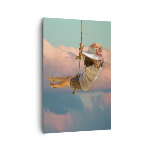Obraz na płótnie - Kobieta na huśtawce wśród różowych chmur - 80x120cm - Zabawa w obłokach - Nowoczesna dekoracja ścienna do salonu i sypialni ARTTOR