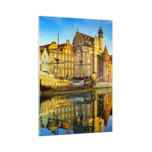 Obraz na szkle - Malowniczy widok na stare miasto z żaglowcem i wodą - 80x120cm - Lustrzane odbicie przeszłości - Nowoczesna dekoracja ścienna do salonu i sypialni ARTTOR