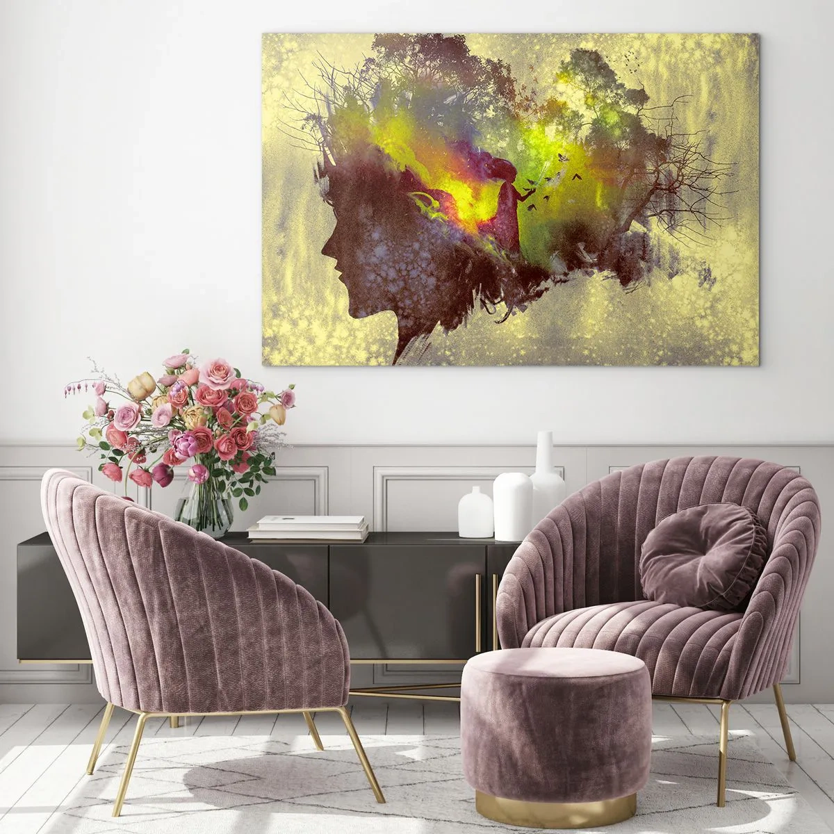 Obraz na szkle - Profil twarzy kobiety wypełniony naturą i kolorowymi efektami - 70x50cm - Matka Natura - Nowoczesna dekoracja ścienna do salonu i sypialni ARTTOR