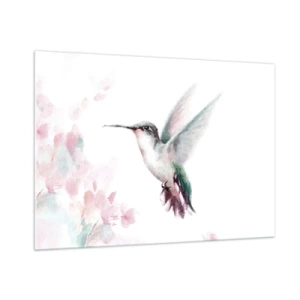 Obraz na szkle - Kolorowy koliber w delikatnej akwareli - 100x70cm - Zatrzymany w trzepocie - Nowoczesna dekoracja ścienna do salonu, kuchni i sypialni ARTTOR