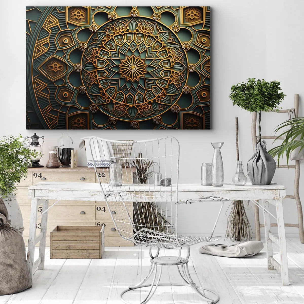 Obraz na płótnie - Złota mandala na tle turkusowym z bogatymi detalami - 70x50cm - W arabskim klimacie - Nowoczesna dekoracja ścienna do salonu i sypialni ARTTOR