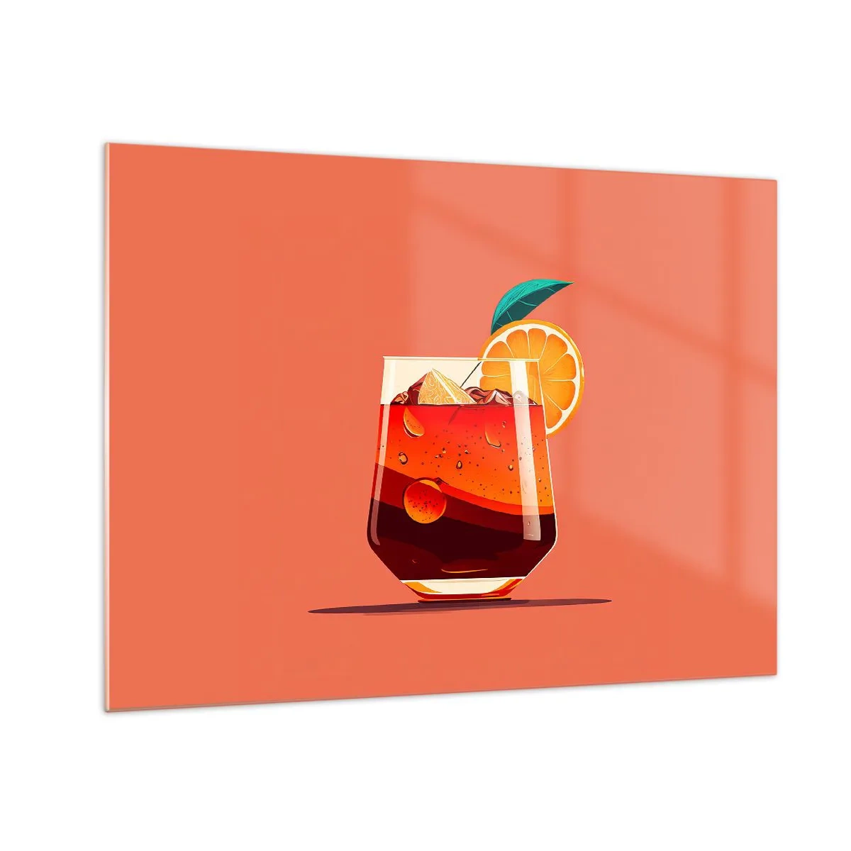 Obraz na szkle - Kolorowy drink z pomarańczą na tle w ciepłym odcieniu brzoskwini - 70x50cm - Letnie orzeźwienie - Nowoczesna dekoracja ścienna do salonu i sypialni ARTTOR