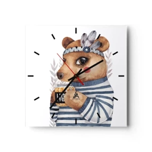 Zegar ścienny - Miś w pasiastym sweterku z kubkiem miodu - 30x30cm - Słodka Misia - Nowoczesna dekoracja ścienna do salonu i sypialni ARTTOR