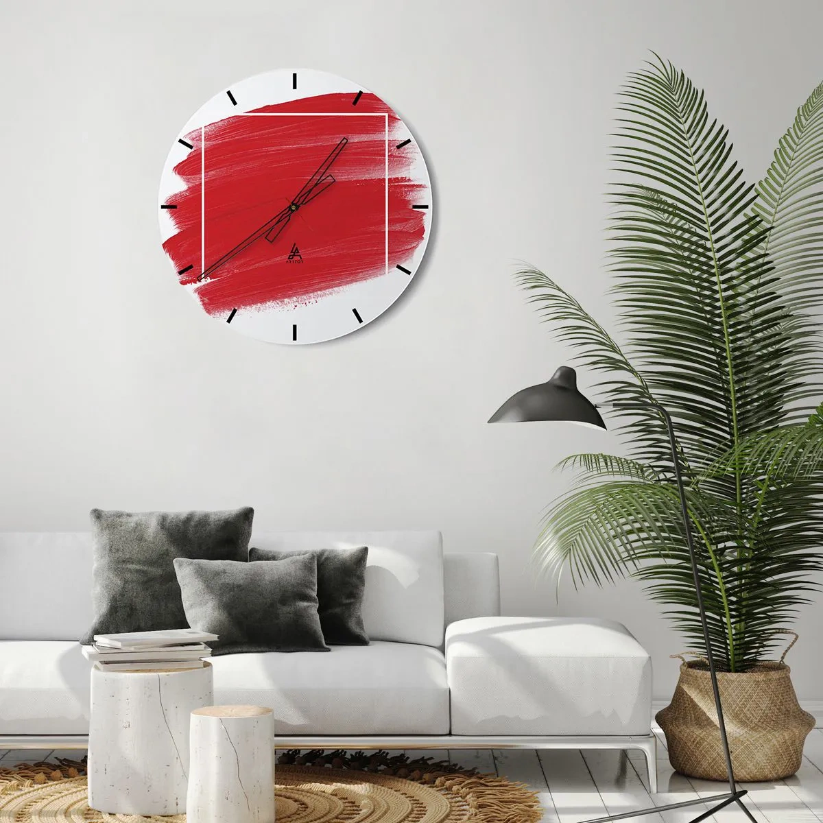 Zegar ścienny - Czerwony pociągnięcie pędzla przekraczające białą ramkę - 30x30cm - Poza ramą - Nowoczesna dekoracja ścienna do salonu, kuchni i sypialni ARTTOR