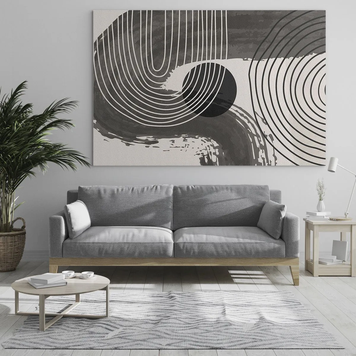 Obraz na szkle - Nowoczesna abstrakcja z czarnymi i białymi liniami i owalem - 70x50cm - Owal zwycięża - Nowoczesna dekoracja ścienna do salonu i sypialni ARTTOR