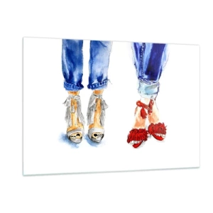 Obraz na szkle - Dwa stylowe obuwia na tle jeansów - 120x80cm - Może pójdziemy na spacer? - Nowoczesna dekoracja ścienna do salonu, kuchni i sypialni ARTTOR
