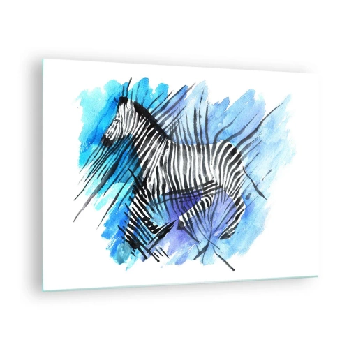 Obraz na szkle - Zebra w artystycznej akwarelowej kompozycji na tle błękitu - 70x50cm - Ukryta w paskach - Nowoczesna dekoracja ścienna do salonu i sypialni ARTTOR